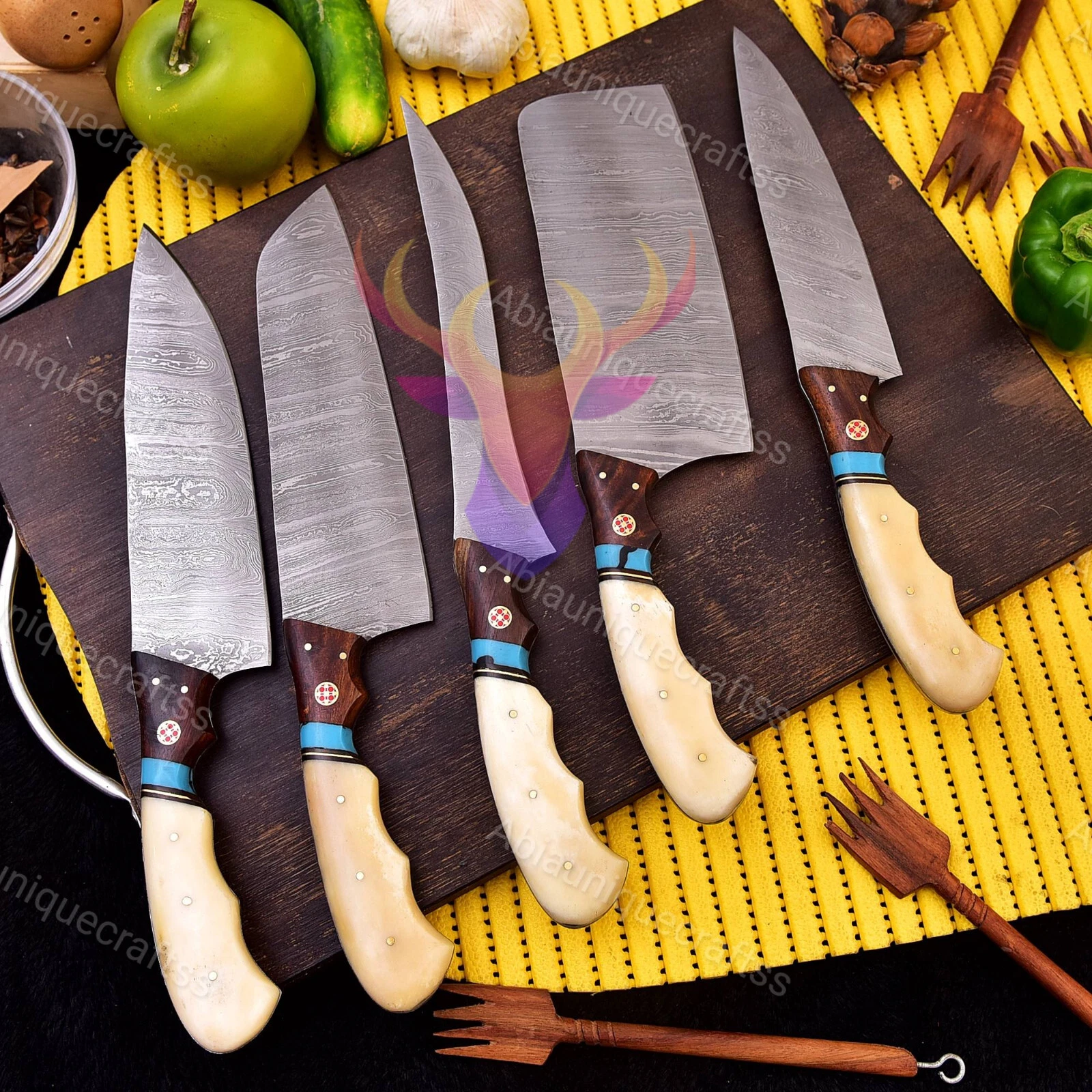 Custom Handmade Forged Damascus Steel Chef Kitchen Knife Set with Leather Sheath