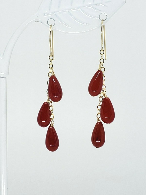 14k Yellow Gold Red Coral Teardrop Drop Dangle Earrings