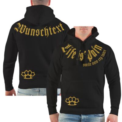 Kapuzenpullover WUNSCHTEXT Life is pain Smile now Cry later Gold horror hoodies