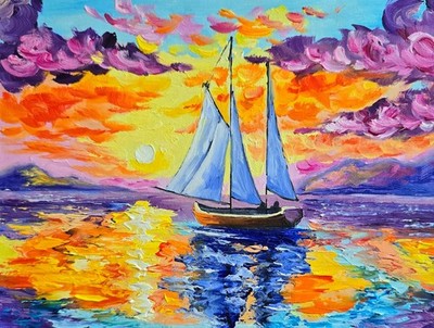 Sailboat Oil Painting 20x15cm Landscape Sunset Painting on Painting Board