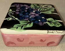 Vicki Carroll Signed Trinket Box Ceramic Grapes Hand painted 6” Square