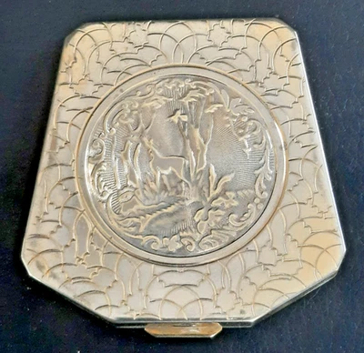 ANCIEN POUDRIER DE SAC EN METAL DORE AVEC MIROIR DE FORME ORIGINALE - Photo 1/4