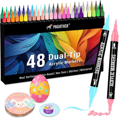 48 Colors Acrylic Paint Markers, Dual Tip with Fine Tip and Brush Tip Pens for S
