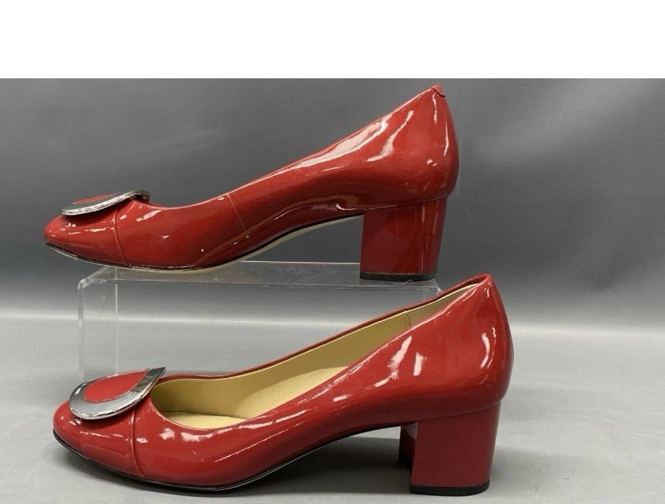 Michael Kors Women's Red Patent Leather Silver Buckle Block Heel Pumps Size 8.5 - Image 2 of 4
