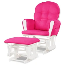 Costway Glider and Ottoman Cushion Set Wood Baby Nursery Rocking Chair Pink