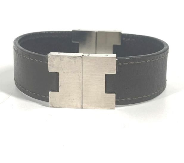 HERMES Lurie H Logo Black Leather Silver Bangle Bracelet 18cm No Box-image