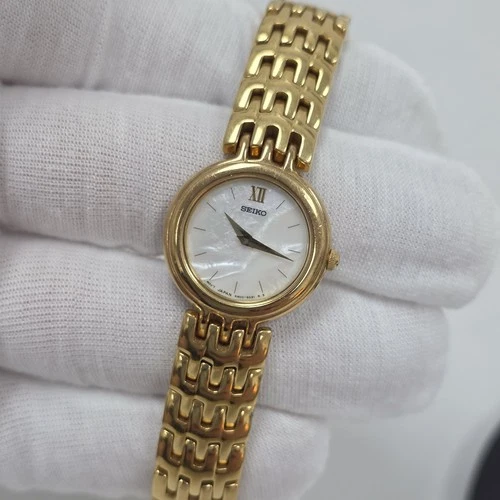 Vintage Seiko 4N00-1349 Gold Tone Womens Quartz Dress Watch Mother Of Pearl Dial