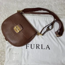 FURLA Club Pebbled Grain Leather 2way Shoulder Handbag Brown Auth From Japan