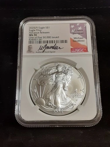 2025 P SILVER EAGLE PRIVY MARK ADVANCE RELEASES  GAUDIOSO AUTO NGC MS70