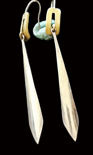3-1/2" long STERLING SILVER & BRASS TWO-TONE, DANGLE EARRINGS -VINTAGE - Picture 5 of 5