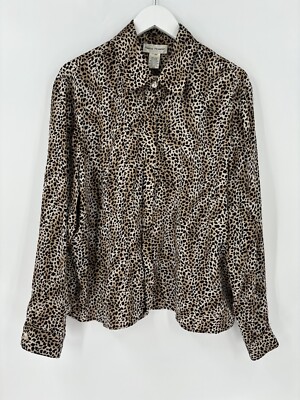 Rena Rowan Vintage Blouse Womens Medium Brown Black 100% Silk Cheetah Satin Top