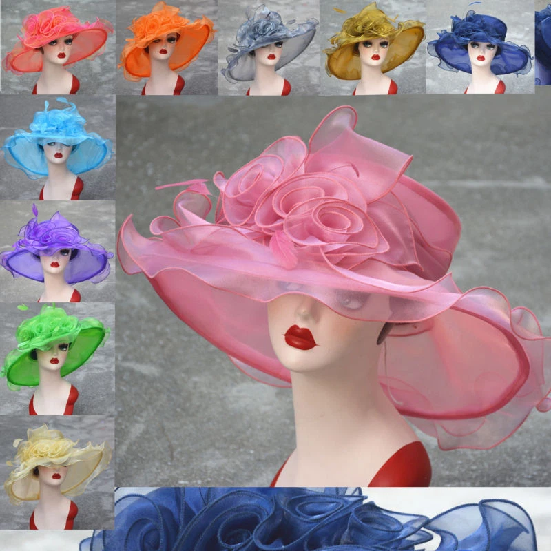 Mujer Organza Floral Kentucky Derby Ala Ancha Sol Sombrero Formal Fiesta Iglesia A341 Foto 3 de 4