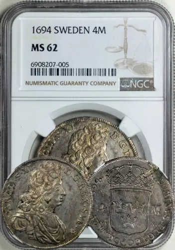 Sweden - Carl XI 4 Mark 1694-AS NGC MS-62. Only one coin graded higher. Luster!