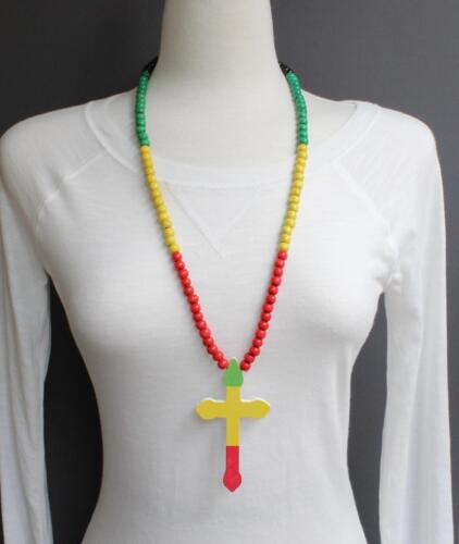 Green Red Yellow Black wood cross long necklace big pendant wooden bead beaded - Picture 1 of 6