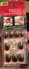 Impress Gel Manicure Press on Nails Burgundy red gold glitter tips w/charm