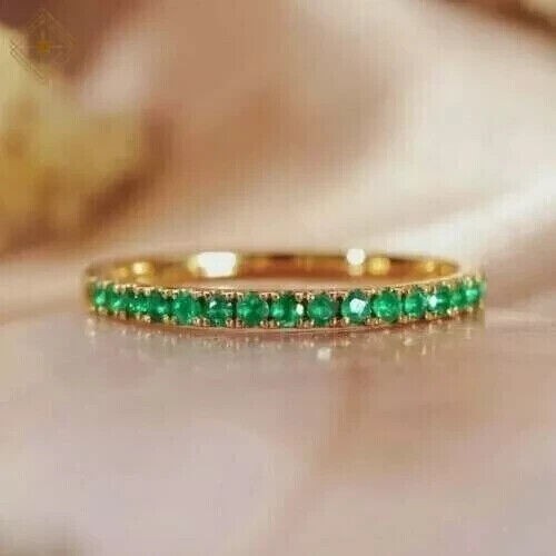 1Ct Round Cut Lab-Created Emerald Wedding Band Ring 14k Yellow Gold Plated - Picture 1 of 7