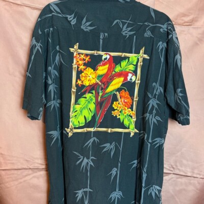 Koko Island Men Black Bamboo Parrot Print Aloha Hawaiian Shirt L Luau Resortwear