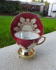 Royal Sealy China Footed Luster Tea Cup and Saucer Pink & Gold Leaf Bone China