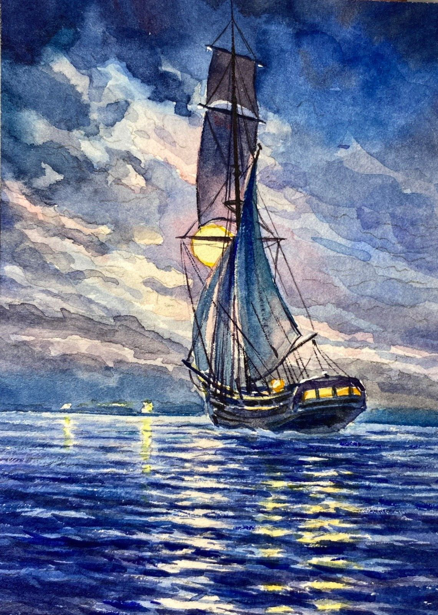 水彩画「一艘の船」 水彩画「一艘の船」 Watercolor Painting Old Sailboat Ocean Seascape