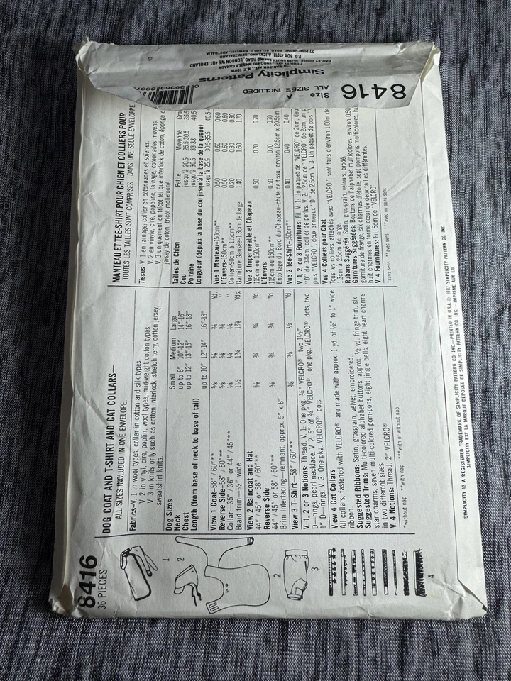 🌺 SIMPLICITY #8416 - SUPER CUTE CATWEAR - DOGWEAR - COATS & COLLARS PATTERN FF - Image 4 of 4