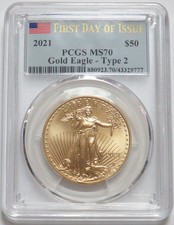 2021 TYPE 2 GOLD $50 AMERICAN EAGLE 1 oz COIN PCGS MS 70 FDOI FIRST DAY OF ISSUE 4691.60 per troy oz