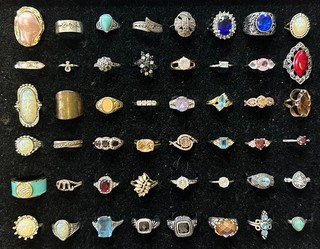 48 Vintage Fashion Rings Jewelry lot 3 Rhinestone Variety Sizes Mixed Metals