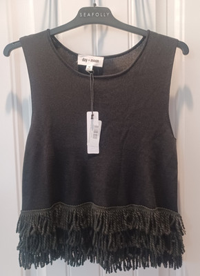 NWT!  Day + Moon Sleeveless Knit Top with Fringe Hem - Black - Size Medium CUTE!