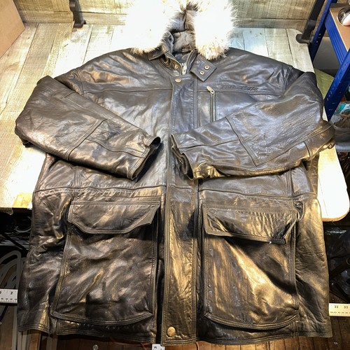 Pelle Pelle Leder langer Mantel Gr. 50 Fell Kapuze schwarz Hip Hop Urban Jacke Y2K