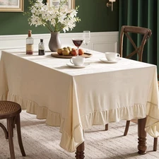 Beige, Velvet Table Cloth with Drative Ruffle Edge Luxurious Soft Washable 