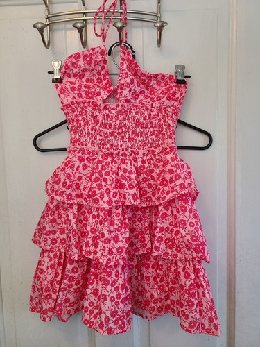 new that's so fetch Small pink Floral Ruffle Dress Ities around the neck