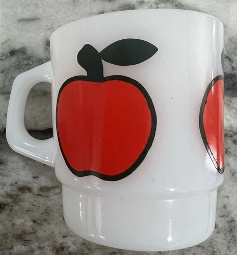 Fire King Apple Mug Milk Glass Vintage Anchor Hocking 3.5” Tall USA Stackable