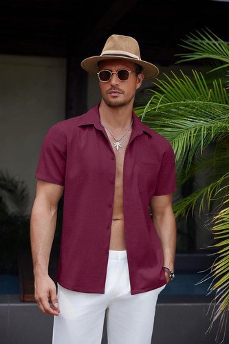 Men's Casual Linen Beach Shirt Button Down Summer Shirt Hawaiian Shirts - Afbeelding 15 van 65