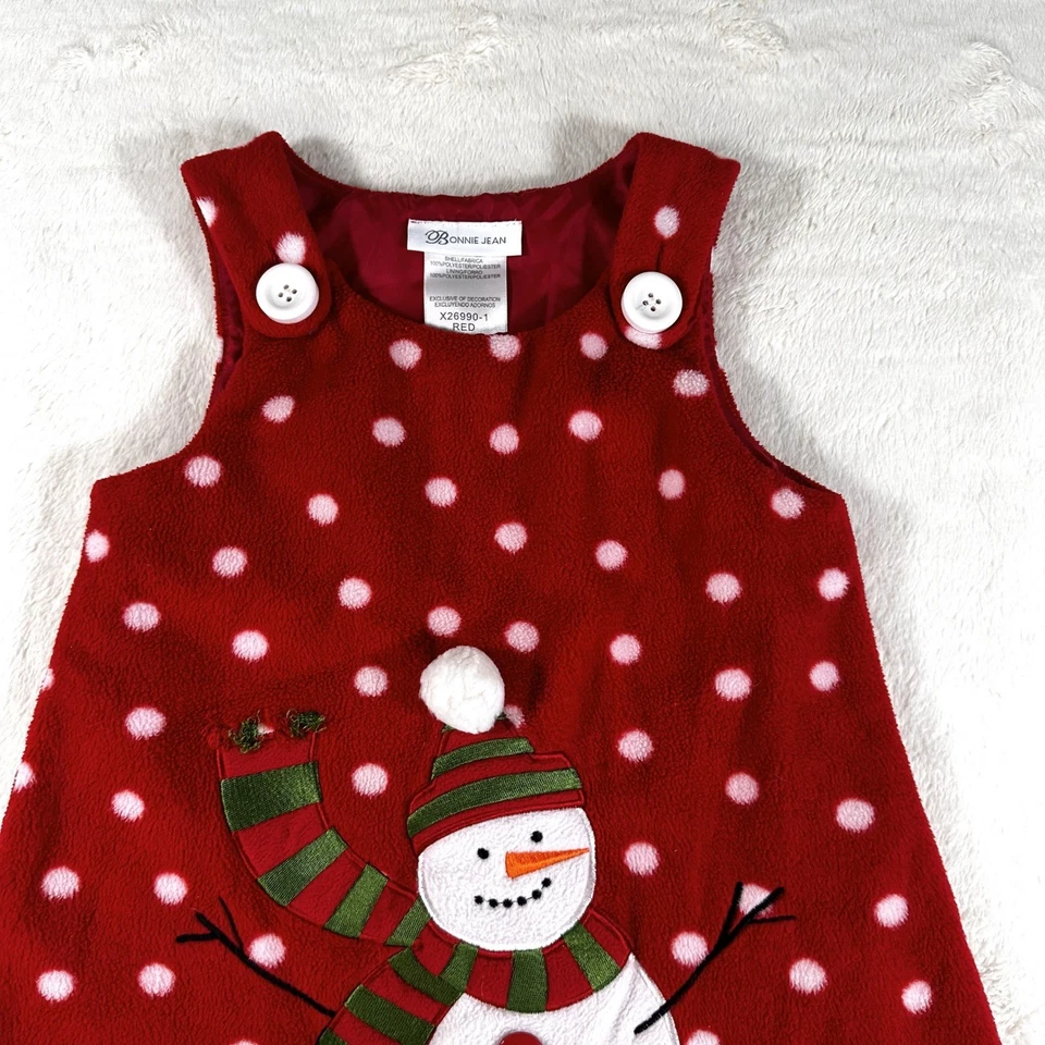 Vestido Bonnie Jean Niñas Rojo Lunares Muñeco de Nieve Navidad Vacaciones 3T Foto 3 de 4