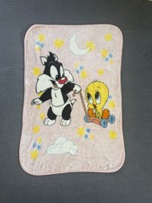 Baby Looney Tunes Pink Plush Crib Blanket Tweety  Sylvester Moon Stars Wash