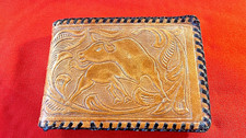 Vtg 50's-60's Hand Tooled Bifold Tan Leather Wallet Coin Western Indian Bull