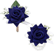 2Pcs Navy Blue Rose Corsage  Boutonniere Set Prom Wedding Party Suit Decor