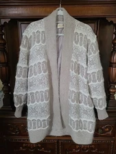 Vintage Belldini Angora Rabbit Hair Beige White Cardigan Sweater M L Warm Soft 