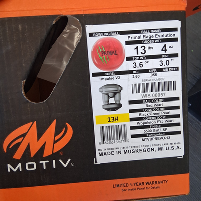 Motiv Primal Rage Evolution Bowling Ball 13 lb 1st qual NEW IN BOX