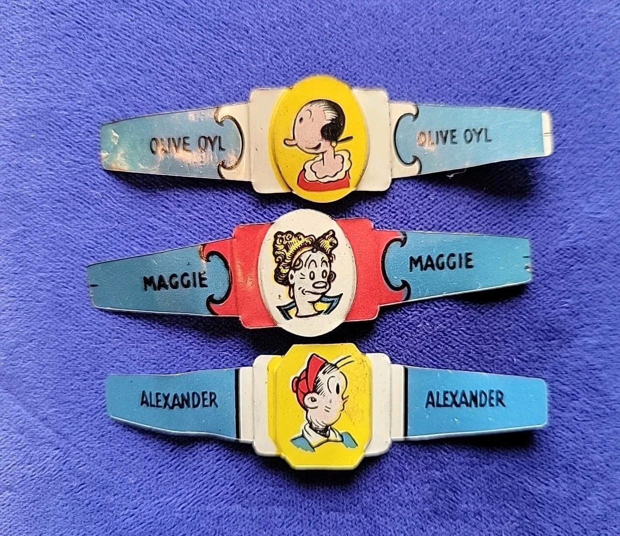 Vtg Posts Toasties Corn Flakes Tin Litho Ring set Olive Oyl Maggie Alexander