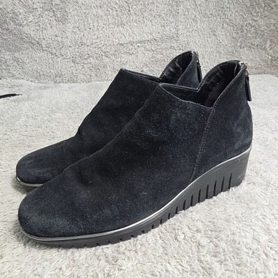The FLEXX Suede Wedge Ankle Bootie Black Rear Zip Silver Trim Womens 8 Excellent