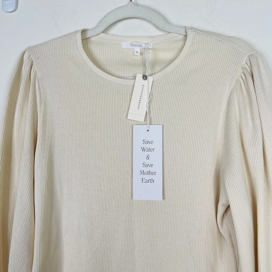 NUEVO Vestido Boyish Anthropologie The Lauper Tejido Acanalado Talla L Algodón Manga Abullonada Foto 3 de 4