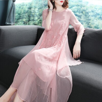 Women Floral Embroidery Cheongsam Dress Chiffon Ethnic Qipao Half Sleeve