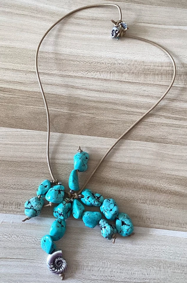 "Collar Statement Lucky Brand imitación turquesa trozos plata concha cuerda bronceada 20"" L" Foto 4 de 4