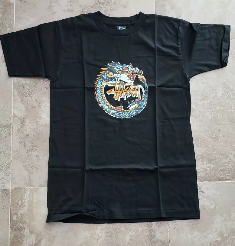 VINTAGE 90s STUSSY DRAGON BLACK T SHIRT SIZE M