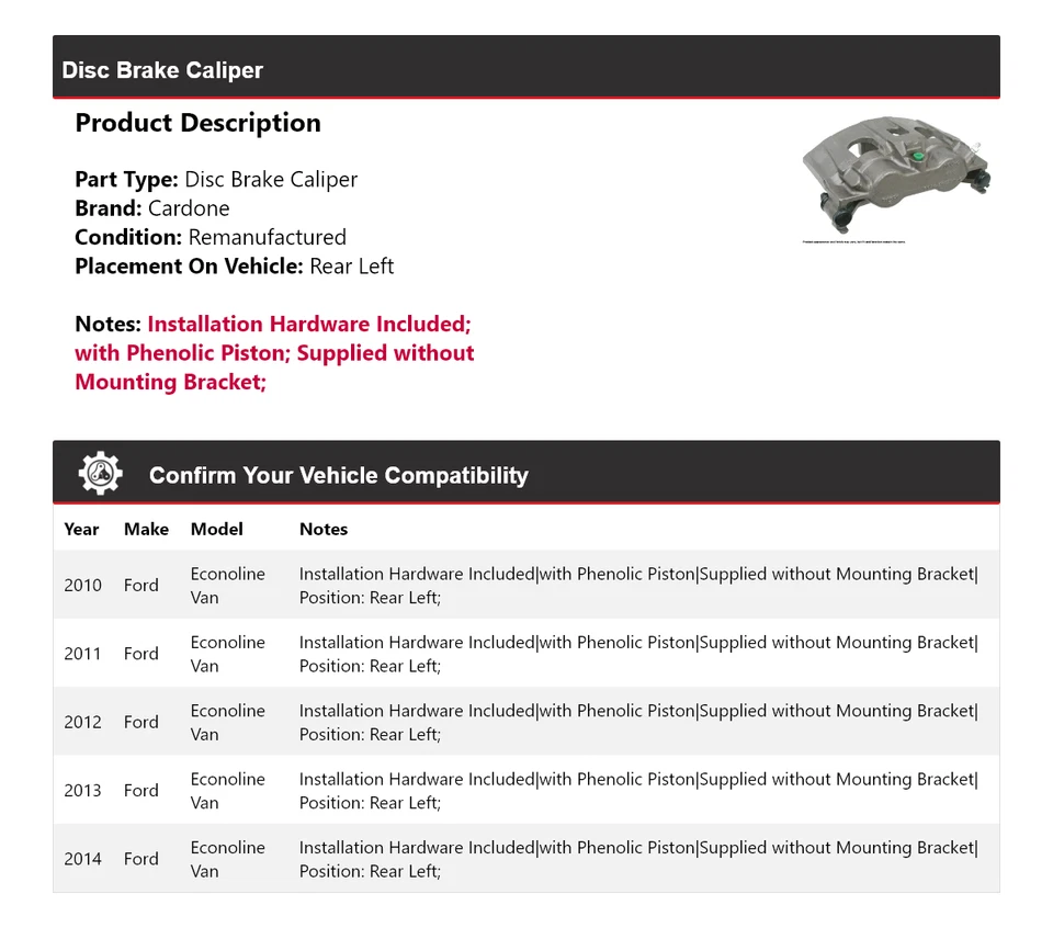 Штангенциркуль дискового тормоза задний левый Cardone для фургона Ford Econoline 2010-2014 годов выпуска 2011 2012 годов выпуска - Изображение 2 из 4