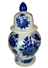 Vintage 12" Bombay Temple Urn Crackled Finish Blue Flower French Country