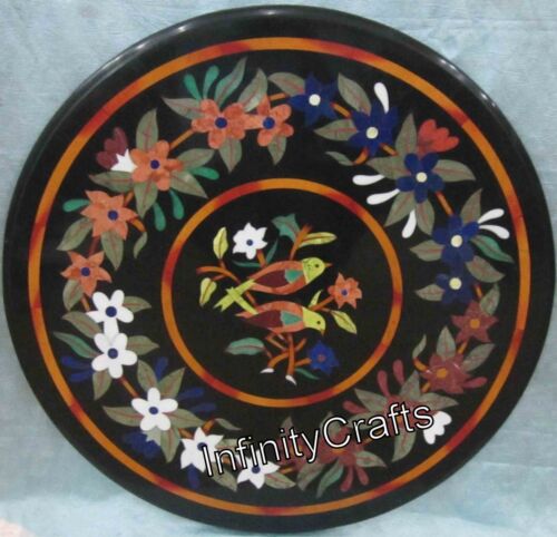 24 Inches Black Marble Coffee Table Top Inlaid with Beautiful Bird Art Bar Table