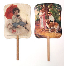 Hand Fans Two Antique Vintage Advertising Two Sided