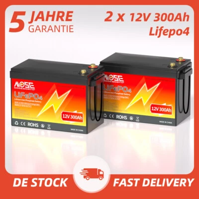 MOSEWORTH 2Pack x 12V 300Ah Lithium Batterie LiFePO4 Akku BMS für Solar Wohnmobil Boot RV