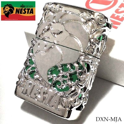 DEVIN Metal Jacket Nesta Silver Green Oil Lighter Gold Insert Made in Japan